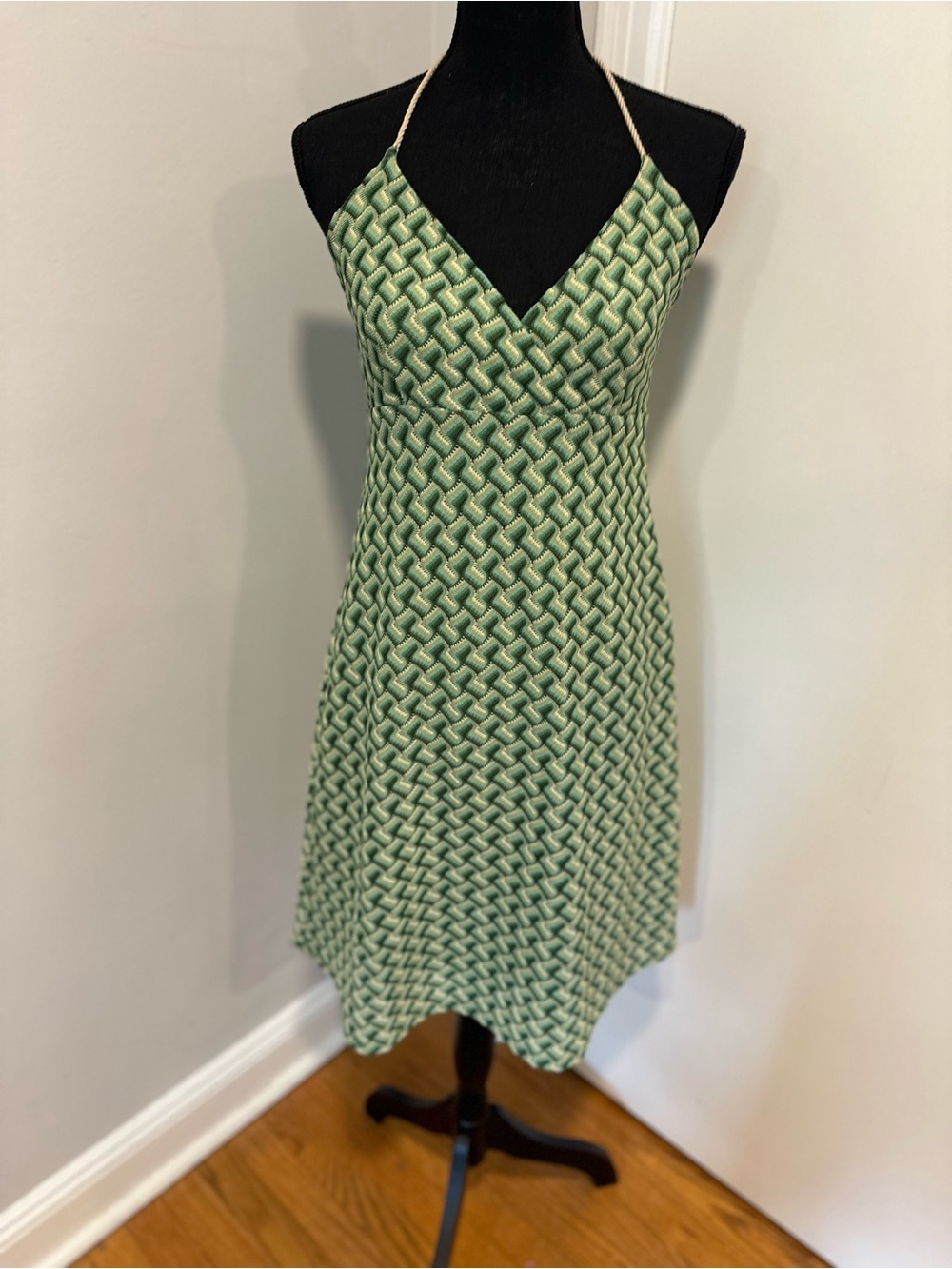 NWOT LOFT retro-inspired knit green/cream geometric rope tie halter midi dress.
